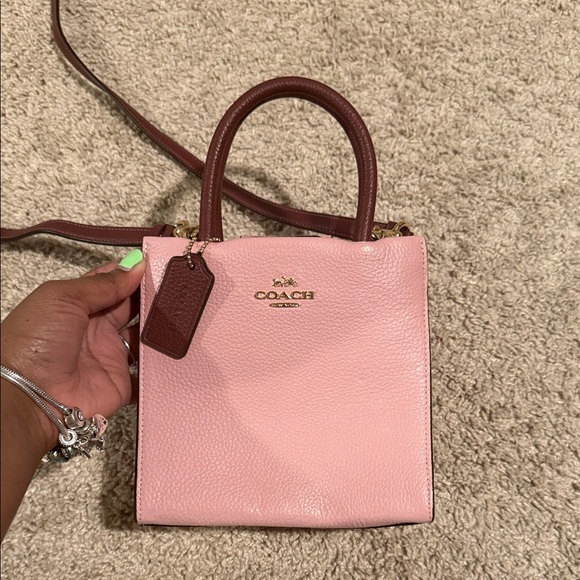 Coach Handbags - Coach Pink Pebbled Leather Mini Satchel with Brown Trim